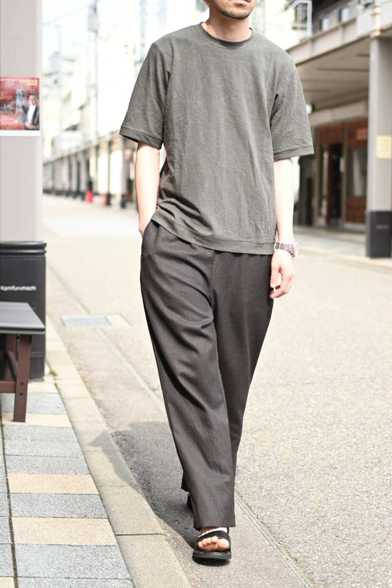 山内 - ウールメッシュクロス・パジャマパンツ[charcoal brown(洗い加工)]