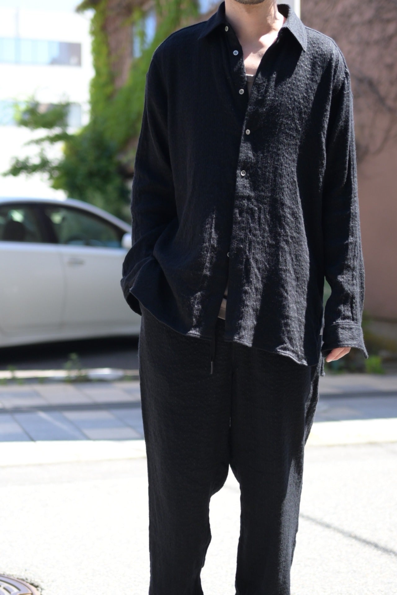 山内 - ウールキュプラ・ランダムシャドーストライプシャツ [black stripe]